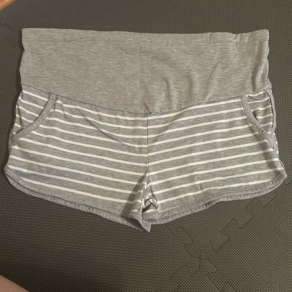 Grey & White Striped Maternity Lounge Shorts Size M adjustable